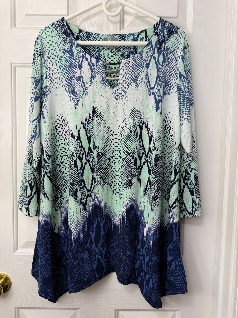JM Collection Blue and Mint Animal Print Top with Silver Accents